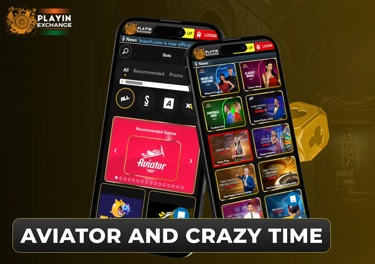 Playinexch features popular games including Aviator and Crazy Time.